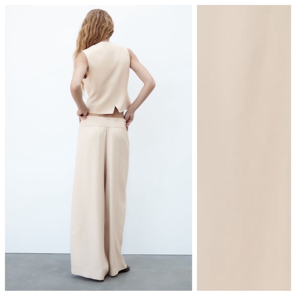 NWT. Zara Beige Viscose Wide-Leg Flowing High-Waist Trousers. Size L. - Picture 5 of 11